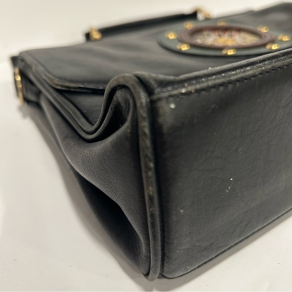 Vintage Donnio Italian Black Leather Satchel Purse with Sunburst Design, Unique - Picture 5 of 16